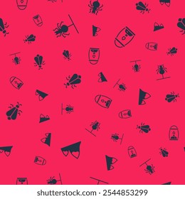 Set Mountains, Spider, Mosquito and Camping lantern on seamless pattern. Vector