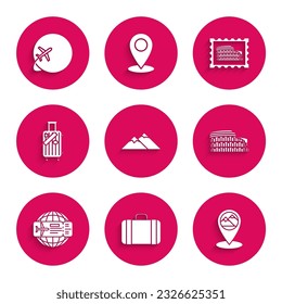 Set Mountains, Suitcase for travel, Map pointer with mountain, Coliseum Rome, Italy, Airline ticket, and stickers, Postal stamp and Globe flying plane icon. Vector
