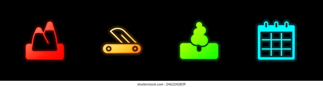 Set Mountains, Swiss army knife, Tree and Calendar icon. Vector