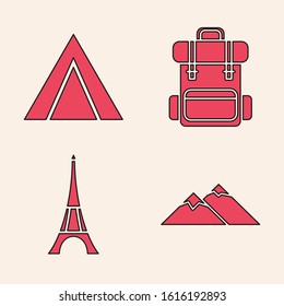 Set Mountains, Tourist tent, Hiking backpack and Eiffel tower icon. Vector