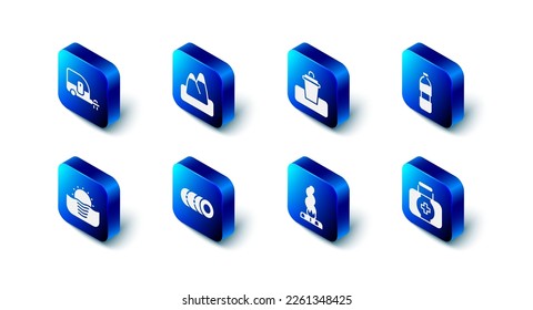 Set Mountains, Trash can, Bottle of water, First aid kit, Campfire, Blanket roll, Sunrise and Rv Camping trailer icon. Vector