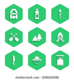 Set Mountains with tree, Camping hat, gas stove, Campfire, Knife, Paddle, Marshmallow on stick and Rafting boat icon. Vector
