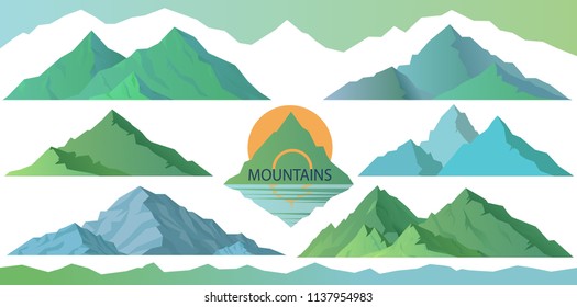 Set mountains vector illustration. Nature landscape silhouette for game. Isolated drawings of elements outdoor. Icon tops for illustrations of camping travel climbing or hiking mountainous terrain.