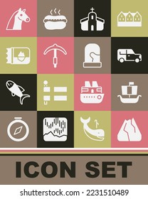 Set Mountains, Viking ship Drakkar, Car, Church building, Pickaxe, Ticket Iceland, Horse and Christmas mittens icon. Vector