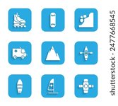 Set Mountains, Windsurfing, Knee pads, Kayak or canoe, Surfboard, Ambulance and emergency car, Landslide and Roller skate icon. Vector