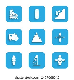 Set Mountains, Windsurfing, Knee pads, Kayak or canoe, Surfboard, Ambulance and emergency car, Landslide and Roller skate icon. Vector