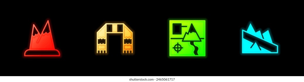 Set Mountains, Winter scarf, Folded map and descent icon. Vector