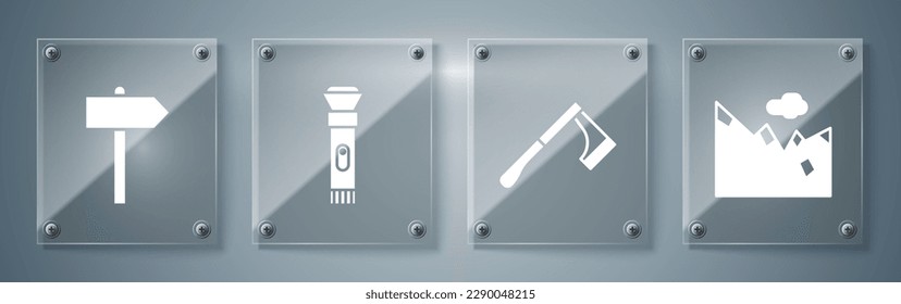 Set Mountains, Wooden axe, Flashlight and Road traffic signpost. Square glass panels. Vector