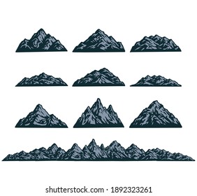 Set of mountais, hand drawn line style with digital color, vector illustration