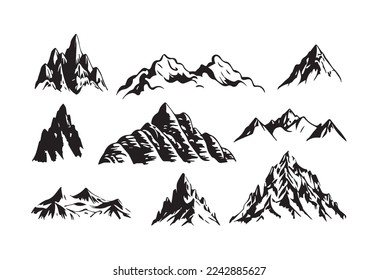 Set of mountais shapes isolated on white background. Sketch and hand drawn mountain peaks set collection