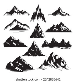 Set of mountais shapes isolated on white background. Sketch and hand drawn mountain peaks set collection
