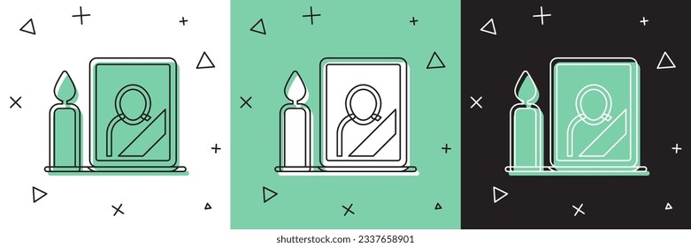 Set Mourning photo frame with black ribbon icon isolated on white and green, black background. Funeral ceremony and condolence card layout.  Vector