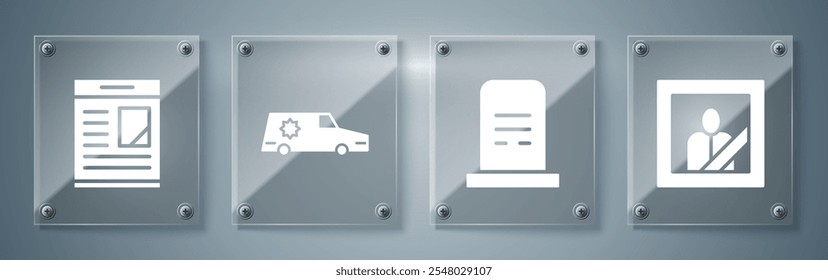 Set Trauer Fotorahmen, Grab mit Grabstein, Hearse Auto und Traueranzeigen. Quadratische Glasplatten. Vektorgrafik