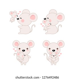 Set of mouse and baby with heart. Cartoon style.