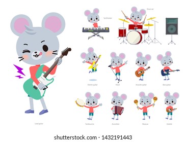 A set of mouse boy playing rock 'n' roll and pop music.There are also various instruments such as ukulele and tambourine.It's vector art so it's easy to edit.
