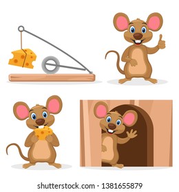 Set mouse with cheese in a hole and mousetrap on a white. Character.