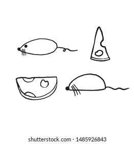 Set mouse, cheese, vector with white background
