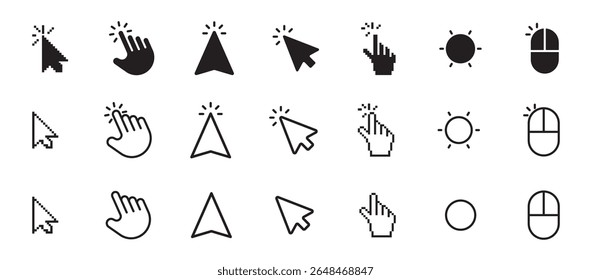 A set of mouse cursor icons in various styles, including arrow, hand, pointer, text, loading spinner, and crosshair