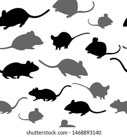 Set Of Mouse In Different Poses. Gray And Black Mice On A White Background. Seamless Texture. Vector Graphics.