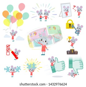 A set of mouse girl on success and positive.There are actions on business and solution as well.It's vector art so it's easy to edit.
