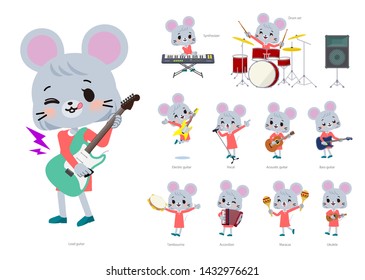 A set of mouse girl playing rock 'n' roll and pop music.There are also various instruments such as ukulele and tambourine.It's vector art so it's easy to edit.
