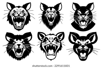 Set of mouse heads with open mouth and bared fangs, with different angry expressions of the muzzle. Symbols for tattoo, emblem or logo, isolated on a white background.