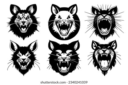 Set of mouse heads with open mouth and bared fangs, with different angry expressions of the muzzle. Symbols for tattoo, emblem or logo, isolated on a white background.