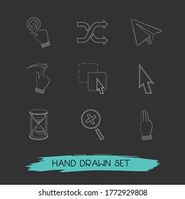 Conjunto de símbolos de estilo de línea de iconos del ratón con gestos, tres dedos, cursor del ratón y otros iconos para el diseño del logotipo de la aplicación móvil web.