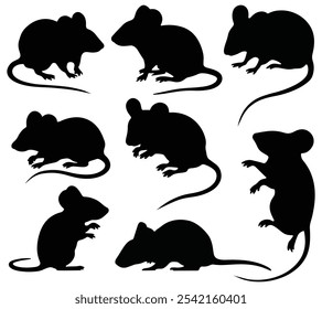 Set of mouse silhouettes in different poses. isolated vector on white background.