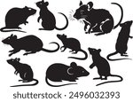 Set of Mouse Vector Silhouette icon. Isolated vector black silhouette of galloping, jumping running, trotting, rearing rat on white background. collection of Side view.