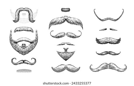 Un conjunto de bigote y barbas sobre un fondo blanco. Hipster y peluquero retro o peluquero. Mano grabada dibujada en boceto antiguo, estilo vintage para el embalaje y la señalización.