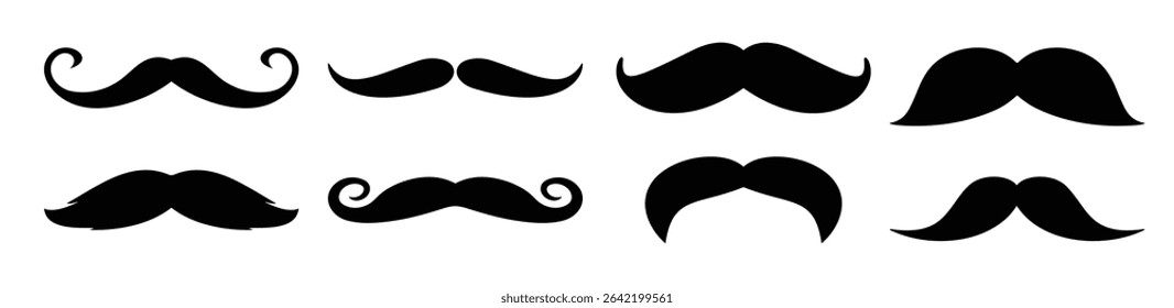 Set of moustache icons. Decorative elements for booth. Men and fathers symbol. Vector black isolated silhouettes
