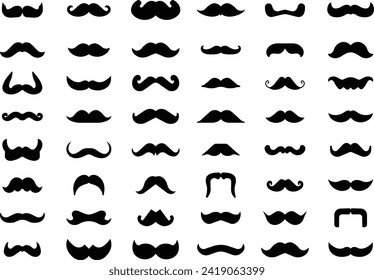 Set of Moustache icons. Whisker icons. Black Fill silhouette of adult man moustaches. Symbols of Fathers day. Barber symbols isolated on transparent background for Website page and mobile app designs.