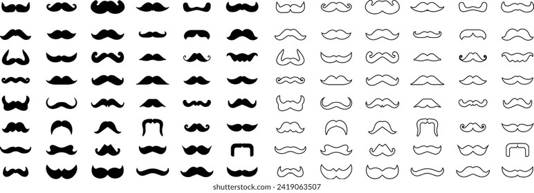 Set of Moustache icons. Whisker icons. Black flat silhouette of adult man moustache. Symbols of Fathers day editable stock. Barber symbols on transparent background for Website and mobile app designs.