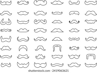 Set of Moustache icons. Whisker icons. Black Line silhouette of adult man moustache. Symbols of Fathers day editable stock. Barber symbols on transparent background for Website and mobile app designs.