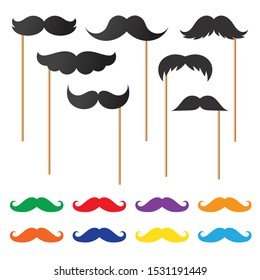 Set of moustache on the stick and colorful mustache. Decorative element for booth props. Illustrations of accessories or symbols elements.