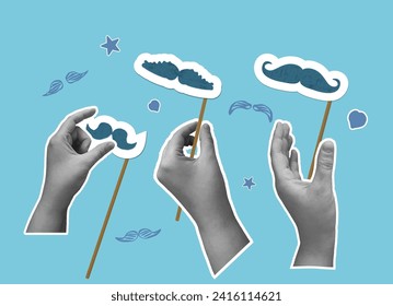 Set of moustache stick and collage hands. Mustaches elements. Vector contemporary illustration.