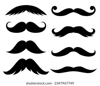 Set of moustache. Vintage logo moustaches silhouette, black mustaches. Retro gentleman moustaches.