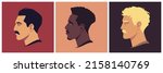 Set of moustached men faces with different haircuts, mustaches in profile. Abstract male portrait, face side view. Head of moustached man. Stock vector illustration in flat style.