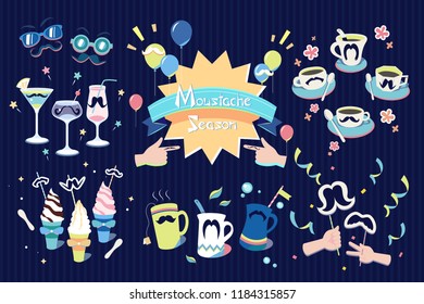 Set of moustaches, glasses and cups.