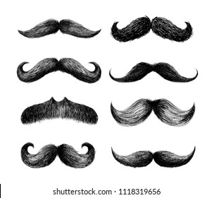 Set of moustaches. Hand drawn black mustache for barbershop or mustache carnival. Freehand drawing. Vector illustration. Isolated on white background