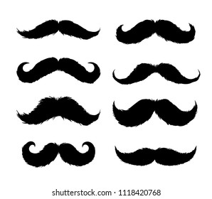 Set of Moustaches sticker. Hand drawn black silhouettes for paper cutting design. Mustache for barbershop or mustache carnival. Freehand drawing. Vector illustration. Isolated on white background