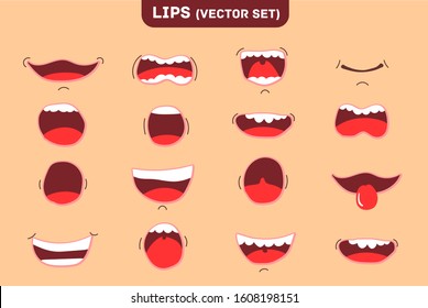 Set Of Mouth Animation.  Lip Movement. Various Open Mouth Options With Lips, Tongue And Teeth. Different Emotions, Anger, Annoyance, Joy, Excellent, Good, Normal, Bad, Terrible. Vector Illustration, E