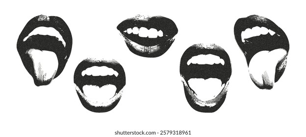 Set of mouth elements with a photocopy effect for collage design in the grunge-punk style. Different emotions in a brutal retro design for a vintage banner. Vector.