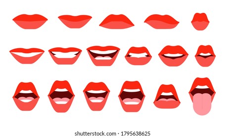 Set Of Mouth Expressions On Woman Face. Closed And Open Mouth. Red Lips, A Smile, Shiny Teeth, Protruding Tongue. Communication, Conversation Concept. Vector Illustration