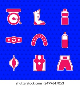 Set Mouth guard boxer, Boxing jersey and t-shirt, short, Punching bag, belt, Fitness shaker and gong icon. Vector