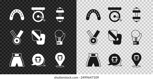 Set Mouth guard boxer, Boxing gong, Dumbbell, short, helmet, Medal and training paws icon. Vector