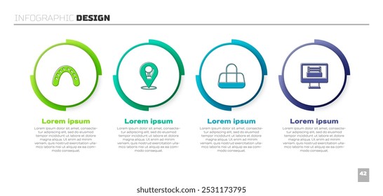 Set Boxer protector bucal, guante de boxeo, bolsa de deporte y anillo. Plantilla de infografía de negocios. Vector