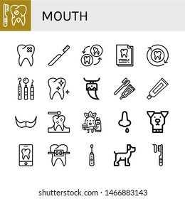 Set of mouth icons such as Broken tooth, Toothbrush, Tooth, Dental record, Dentist tools, Healthy tooth, Toothpaste, Moustache, Dental drill, Toothbrushing, Nose bleeding , mouth