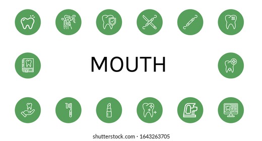 Set of mouth icons. Such as Tooth, Kiss, Dentist tools, Broken tooth, Toothbrush, Lipstick, Healthy tooth, Dog , mouth icons